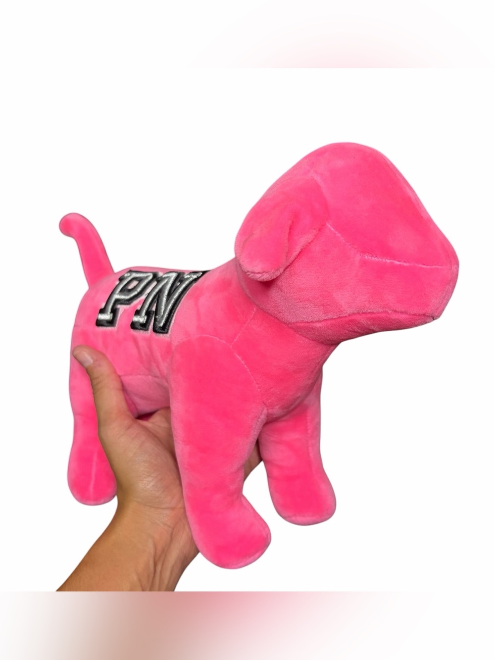 PINK Victoria's Secret Bright Pink Plush Dog Toy with Silver Logo Larger Size